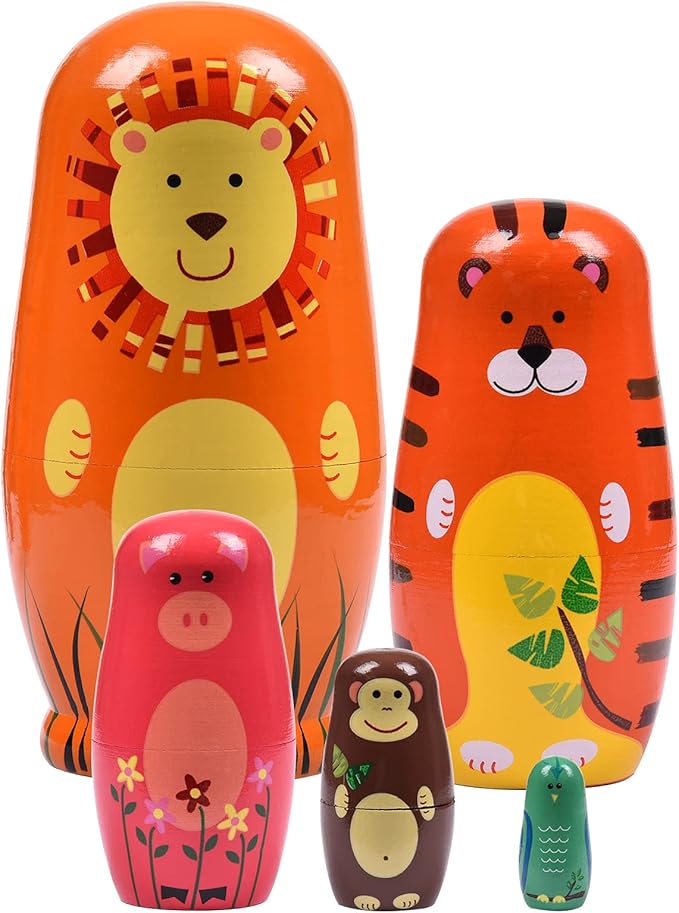 Nesting Dolls, Animal Nesting Easter Eggs Toys, Wooden Matryoshka Dolls for Kids (Round Lion)