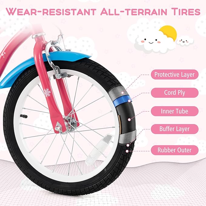 BABY JOY Kids Bike, 12 14 16 18 Inch Children Bicycle w/Detachable Training Wheels, Storage Basket, Adjustable Seat & Handlebar, Bow or Streamer, Girls Bike for 3-8 Years Old