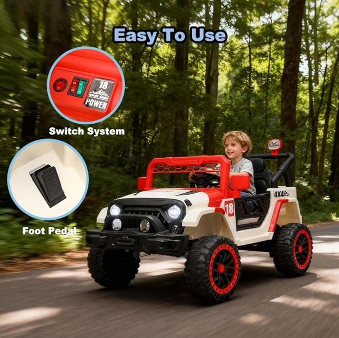 12V Kids Car, 4x4 Electric Car for Kids with Remote Control, LED Headlights & Music, Ride-On Truck Toy Gift for Boys Girls 3-8 Years (Flame Red & White)