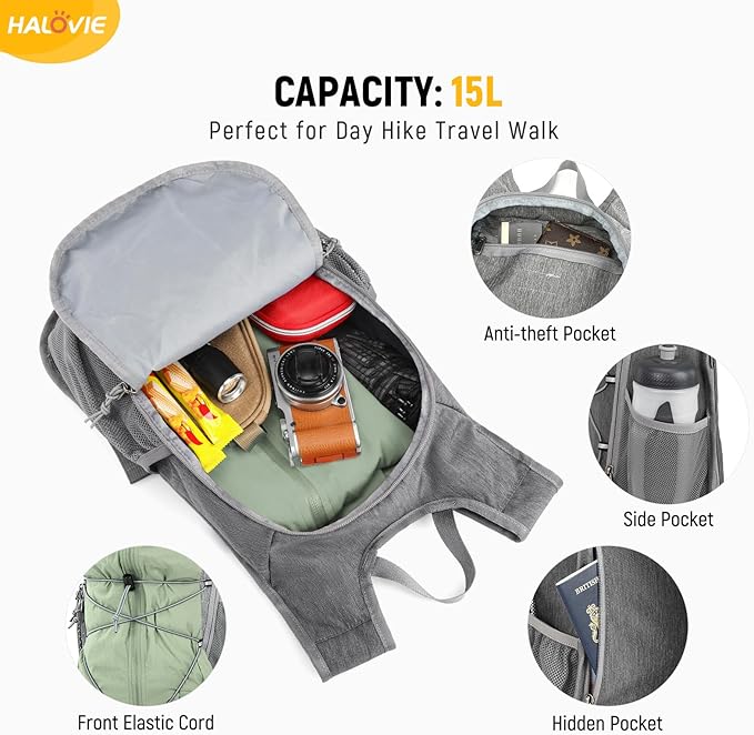HALOVIE 15L Foldable Hiking Backpack Phone Pocket Lightweight Travel Daypack Shoulder with Chest Strap Small Packable Pack for Walking Women Men (Lightgray)