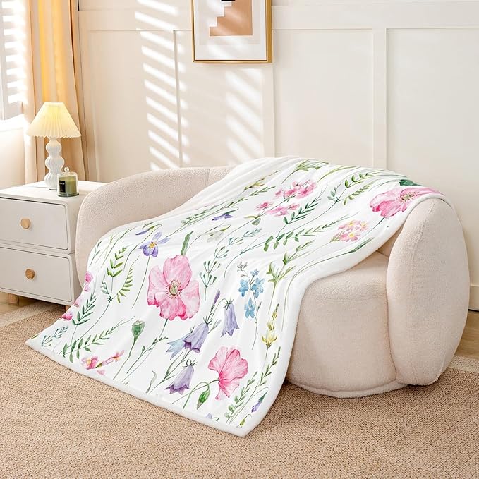 Pink Poppy Sherpa Blanket - Floral Fleece Throw for Sofa, Couch, Bed - Botanical Printed Plush Ultra Soft Decor - Colorful Wild Flowers Fuzzy Baby Blanket - 30x40 Inch