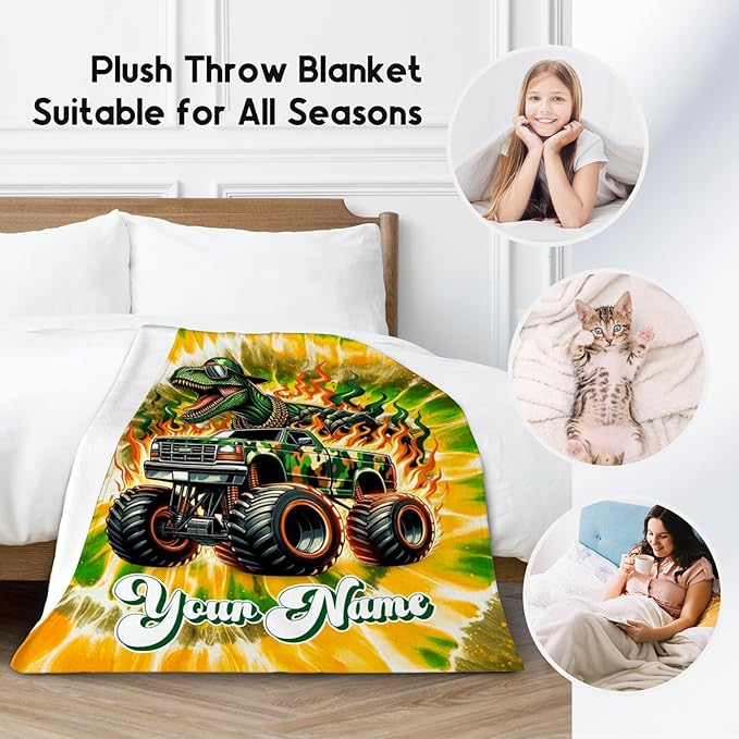 Boys Blanket, Personalized Dinosaur Blankets Gifts for Kids, Custom Tie Dye Throw for Dinosaur Lovers, Soft Fleece Truck Throw for Sofa (4 Sizes)