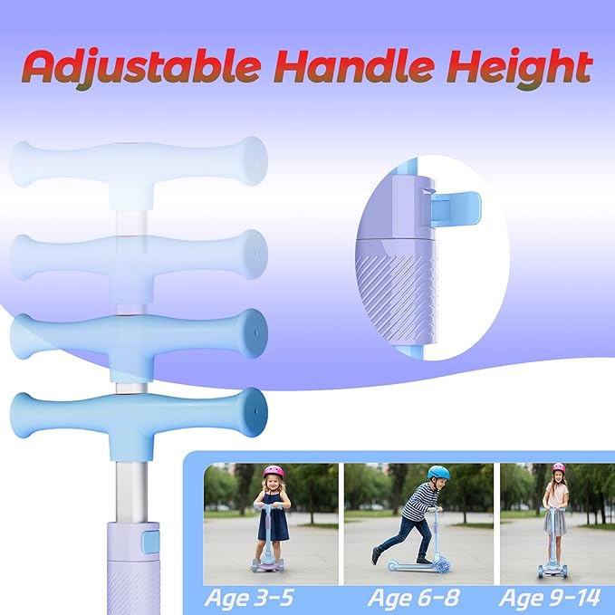 YING LU 2-in-1 Kids Scooter, 3-Wheel LED Light Up Scooters for Kids 3-8, Adjustable Height Handlebar & Removable Seat, Lean-to-Steer Toddler Scooter with Rear Foot Brake (Purple)