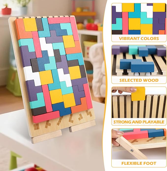 Wooden Stacking Puzzle Board, Montessori Brain Blocks for Kids 3-6 Years, Colored 3D Russian Block Game, Educational Teaser Jigsaw Toy for Boys & Girls, Fine Motor Skill for Age 3 4 5 6 7 8