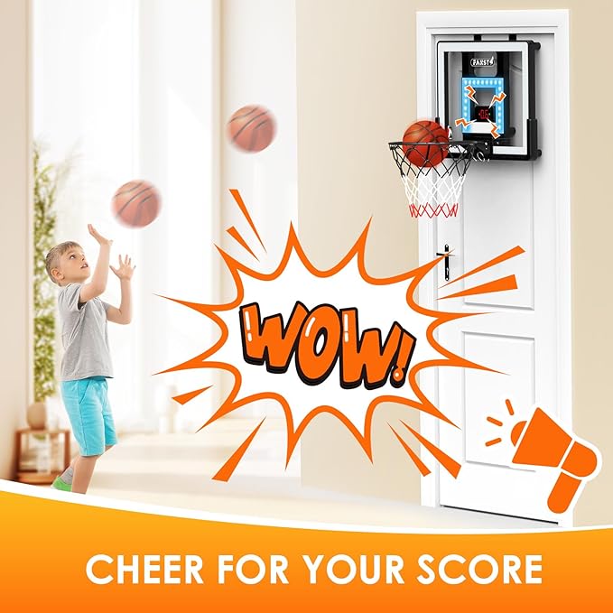 Over The Door Basketball Hoop, Basketballs Hoops Indoor for Kids with LED Cheering, Anti-Impact, 2 Game Mode& Mute Mode, Mini Hoops Door Slam Toy with 4 Ball for 5 6 7 8 9 10 11 12 Old Boys