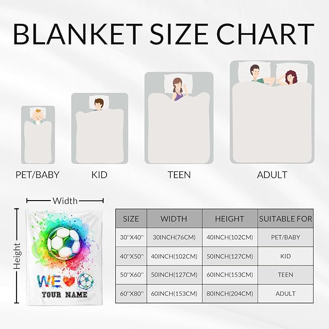 Personalized Soccer Throw Blanket with Name - Soft, Fuzzy & Warm - 60x80 Inches Twin Size Blanket for Couch, Office - Colorful Cute Throw Gift for Girls, Boys