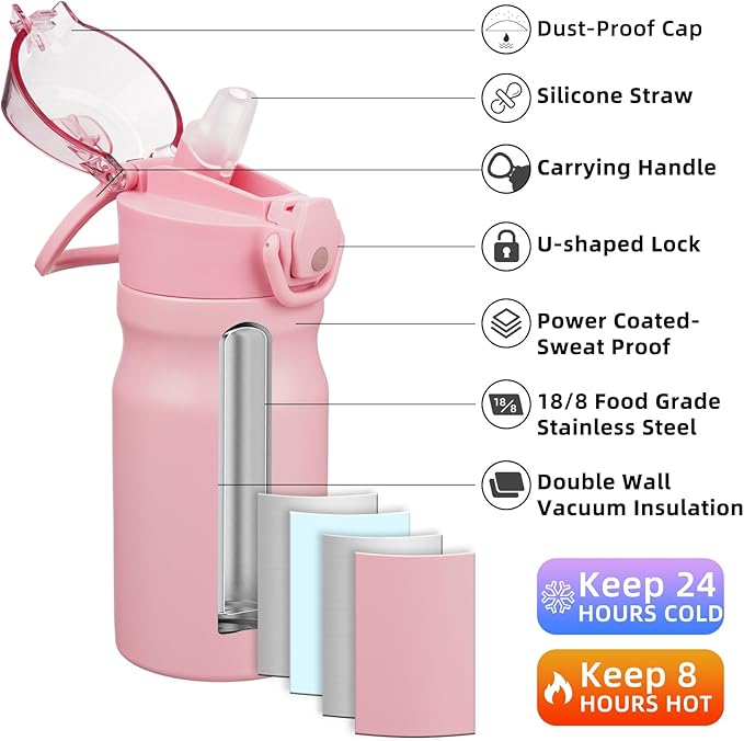 BJPKPK Stainless Steel Insulated Water Bottle with Straw Lid 14oz Reusable Metal Thermal Flask Bottles Keep Cold and Hot,Light Pink