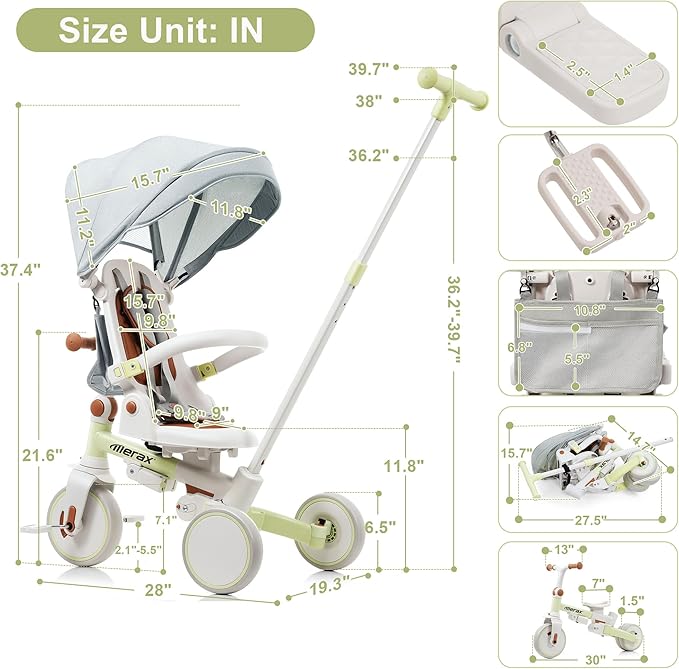 Toddler Trike Collapsible Frame Lightweight Kid Rider Tricycle 7-in-1 Removable Pedal Ages 1Y-6Y
