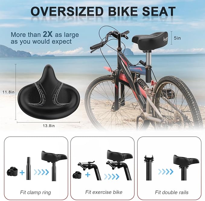 BLUEWIND Oversized Bike Seat, Wide Bicycle Saddle Novel Backrest Design for Electric Bike, Universal Fit Exercise Bike or Road Stationary Bike Seat Cushion for Men & Women