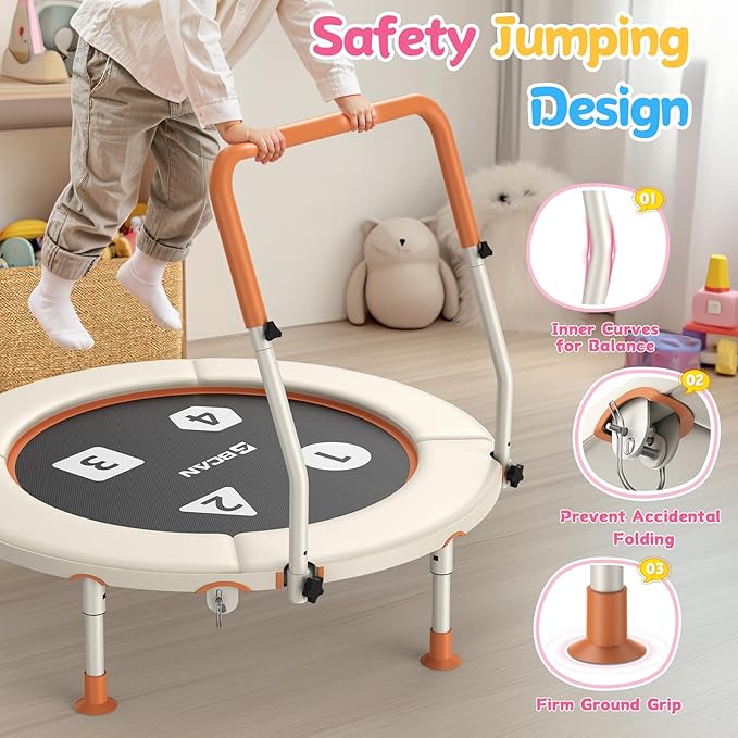 BCAN 36'' Toddler Trampoline, ASTM Certified-Foldable Mini Trampolines for Kids Ages 1-6, Adjustable Handle, Safety Pad & Foldable Legs, Baby Trampoline Indoor/Garden, Gift for Boy and Girl