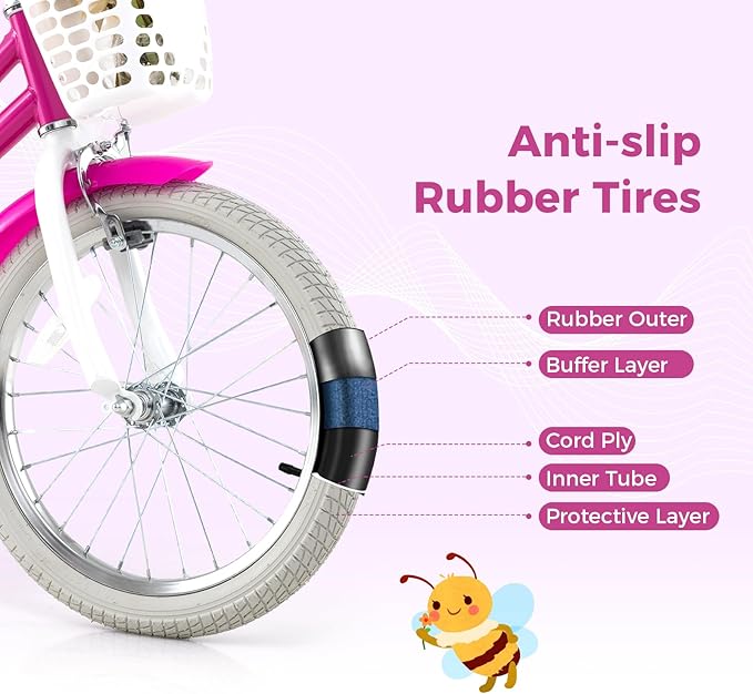 BABY JOY Kids Bike, 12 14 16 18 Inch Children Bicycle w/Detachable Training Wheels, Storage Basket, Adjustable Seat & Handlebar, Bow or Streamer, Girls Bike for 3-8 Years Old