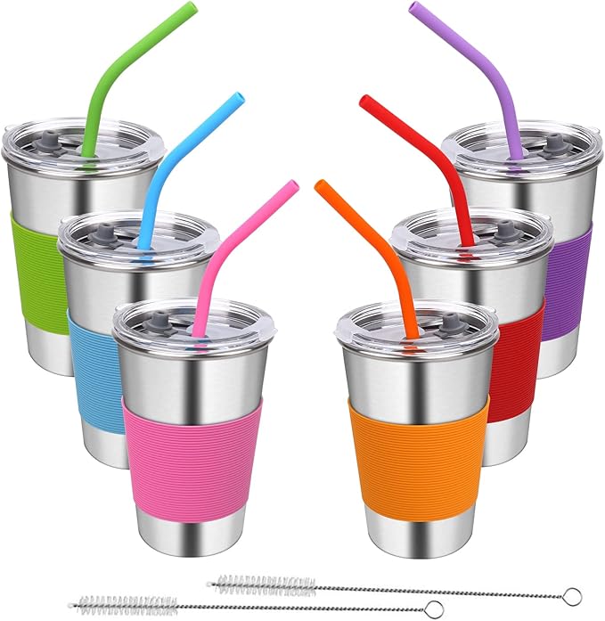 Kids Tumbler with Lids and Straws, 16oz Stainless Steel Cups with Colorful Sleeves, Unbreakable Smoothie Drinking Water Mug, Apply for Adults & Children