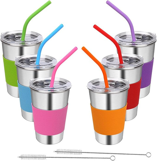 Kids Tumbler with Lids and Straws, 16oz Stainless Steel Cups with Colorful Sleeves, Unbreakable Smoothie Drinking Water Mug, Apply for Adults & Children