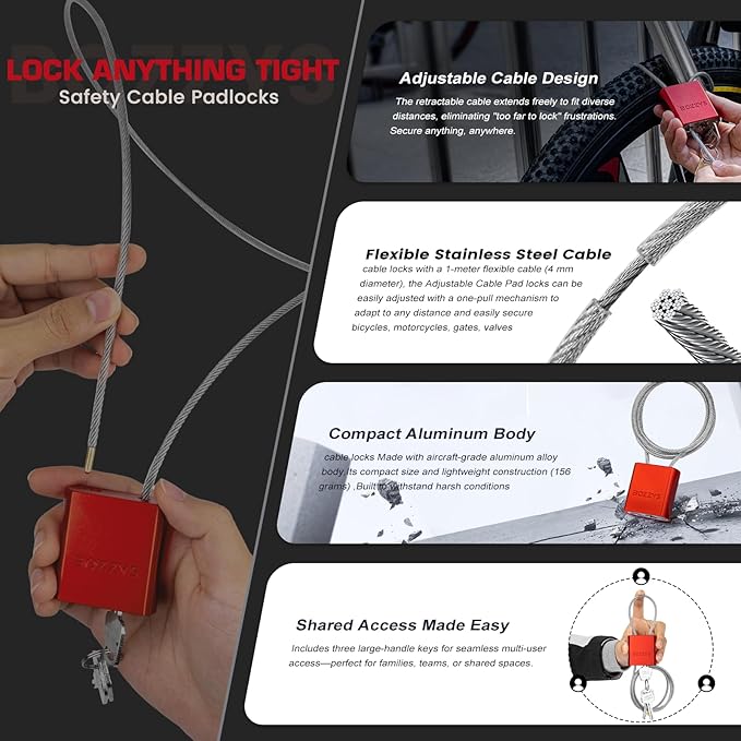 Adjustable Cable Locks with 3 Keys | L 3.28ft x D 1/6in Aluminum Steel Cable Padlock for Bikes, Gate, Lockers & Outdoor Gear | Keyed Different & Red