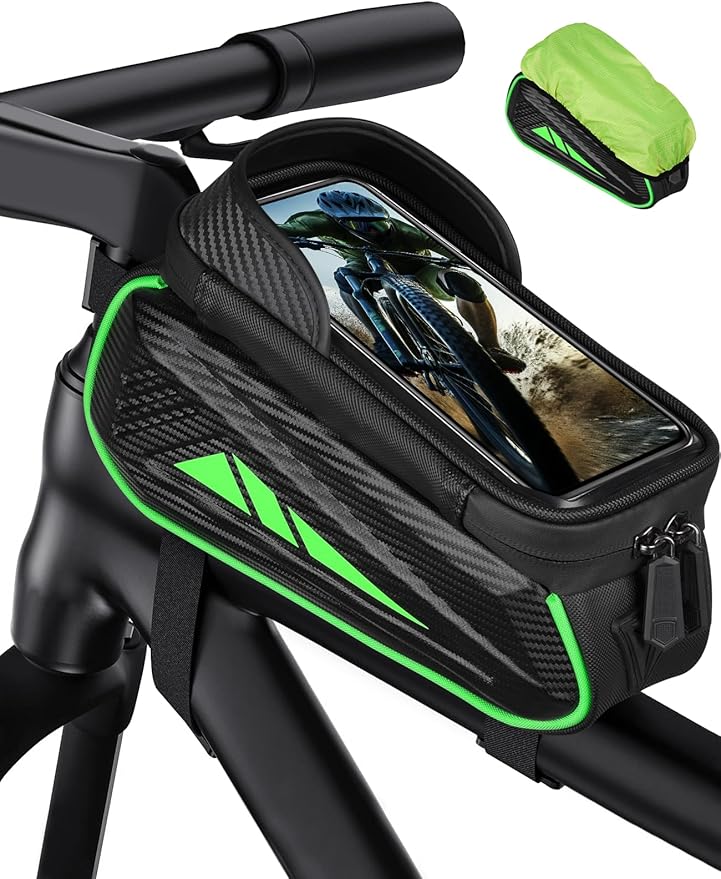 Bike Phone Holder Bag, EVA Waterproof Bicycle Front Frame Bag, Bike Accessories Cycling Pouch with Sensitive TPU Touch-Screen, Bicycle Phone Mount with Rain Cover for Phone under 7" (Green, 7 inch)
