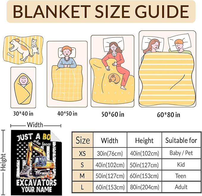 Personalized Excavator Blanket Gifts for Boys, Cute Car Throw Blanket for Kids Teens Construction Truck Lovers, Custom 50x60 Inches Black Soft Blankets for Sofa Couch Bed