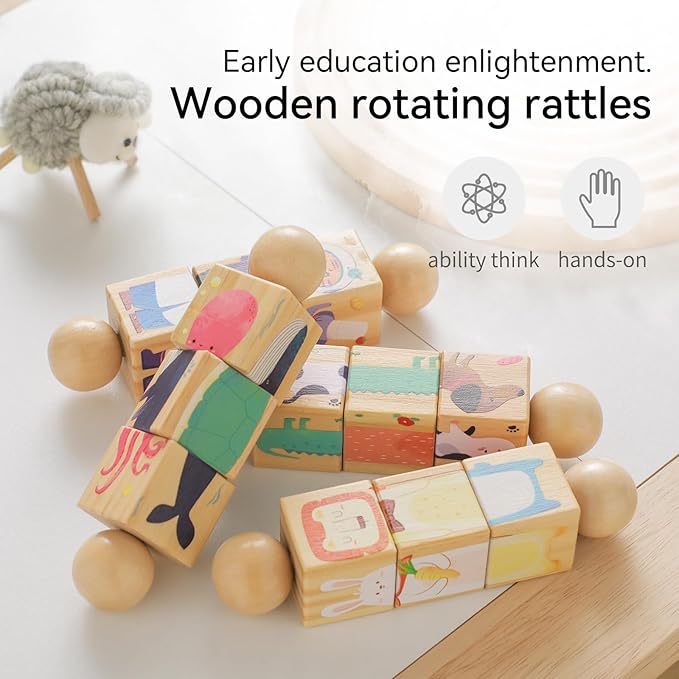 Promise Babe Wooden Animal Puzzle Toy for Toddlers 1-3, Rotating Spin Twist Blocks Set of 2, Learning Educational Montessori Toy Gifts for Kids Boys Girls, Fox and Tiger