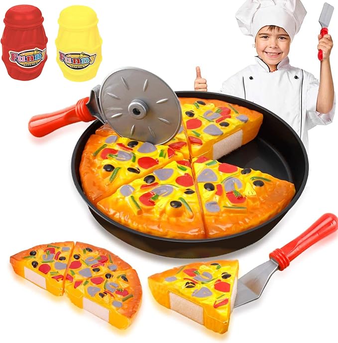 11 PCS Pizza Party Toy Play Set for Kids, Pizza Pie Pretend Play Food - Slice and Serve Plastic Kitchen Cooking and Cutting Playset