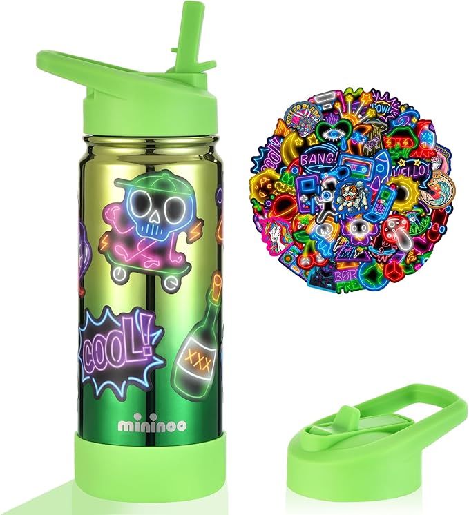 Mininoo Kids Water Bottle for School, 16oz Metal Insulated Water Bottle Kids with Straw Lid for Girls, Boys