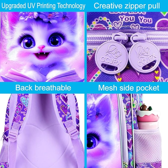 CCJPX 3Pcs Cat Backpack for Girls, 16” Kids Bookbag with Lunch Box, Water Resistant Elementary School Bag for Kindergarten Preschool Toddler (Purple)