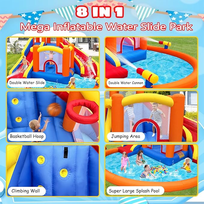 14.2x12.8FT Inflatable Water Park, Giant Slide Bounce House With 2 Long Slides, Thrilling Climbs, Trampoline and Big Splash Pool - 650W Air Blower Included
