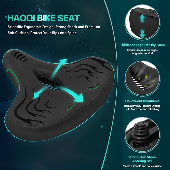 Haoqi Bike Seat Cushion for Men & Women Oversized Bike Saddle Compatible with City, Electric, Stationary, Peloton, MTB, Racing Bikes, Wide Winged, Padded, Waterproof, Shock Absorbing, Universal
