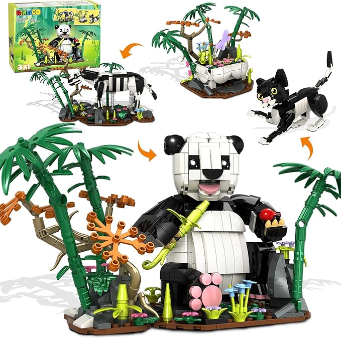 3 in 1 Wild Animals Panda Building Set - Animal Figures with 3 Building Options Panda Cat Zebra, 724 PCS Building Block Toy Home Office Decor Birthday for Kids Boys Girls 9-12+