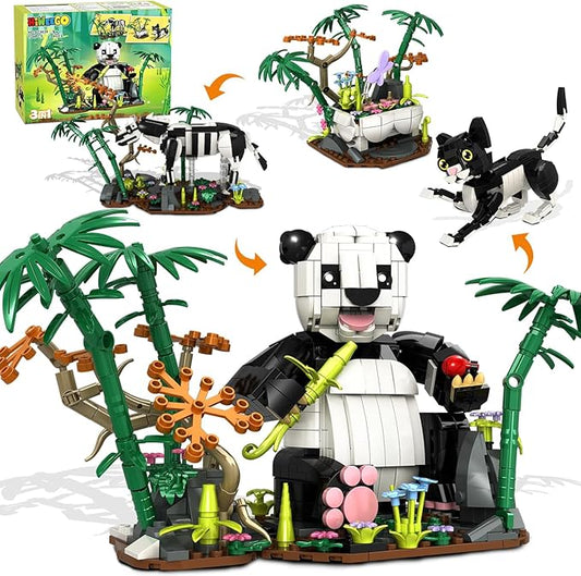 3 in 1 Wild Animals Panda Building Set - Animal Figures with 3 Building Options Panda Cat Zebra, 724 PCS Building Block Toy Home Office Decor Birthday for Kids Boys Girls 9-12+