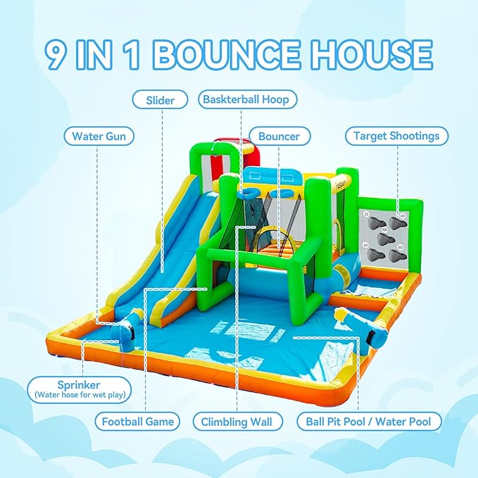 FBSPORT Inflatable Bounce House Water Slide, Bounce House for Kids Indoor Outdoor Bouncy House with 550W Blower, Bounce Castle with Slide Ball Shooting, Water Gun, Splash Pool, Bounce Area, Hose