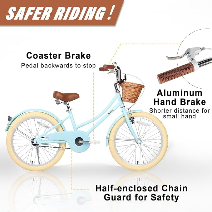 Glerc Little Molly 12-20 Inch Kids Retro Cruiser Bike for 2-13 Year Old with Wicker Basket & Training Wheels/Kickstand, Multiple Colors
