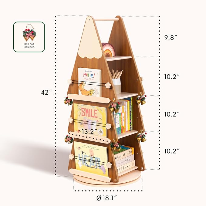 OOOK Solid Wood Rotating Bookshelf Tower 4 Tier, 360°Display Floor Standing Spinning Bookshelf Tower, Small Corner Bookcase for Small Spaces, Kids Tree Book Shelf for Kids Rooms, Classroom, Nursery