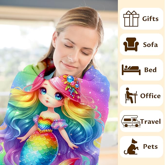 Girls Blanket Personalized Mermaid Throw Blankets Gift for Kids Teens Age 8-12, 50x60 Inches Comfy Soft Custom Flannel Throw for Couch Bedroom Living Room Decor Cute Stuff Gifts Ideas