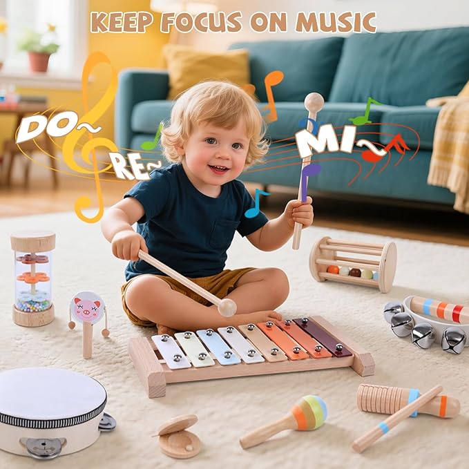 15 PCS Toddler Musical Instruments Montessori Toys for 3+ Year Old Boy Girl Birthday Gifts, Wooden Musical Instruments for Toddlers 3-6, Early Learning Musical Toys for Christmas& Birthday Boys Girls