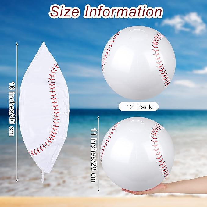durony 12 Pieces Baseball Beach Ball 11 Inch Inflatable Baseball Bouncing Sports Ball Bouncy Toy Favors for Birthday Party Summer Beach Pool Games Decorations