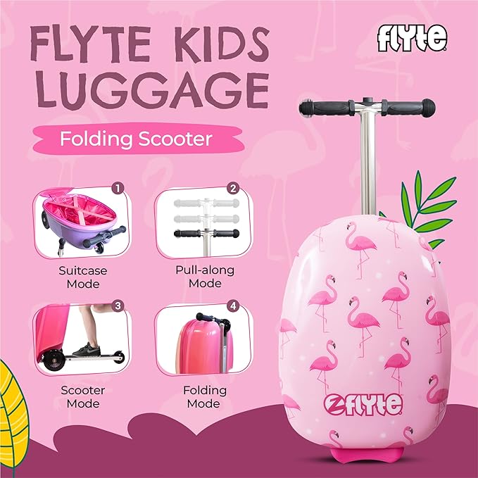 Flyte Fifi the Flamingo Scooter Suitcase - 2-in-1, 18 inch Ride on Suitcase for Kids, 25 Litre Capacity Kids' Luggage on Wheels for Boys and Girls Aged 4+, Rideable Carry on Children's Suitcases
