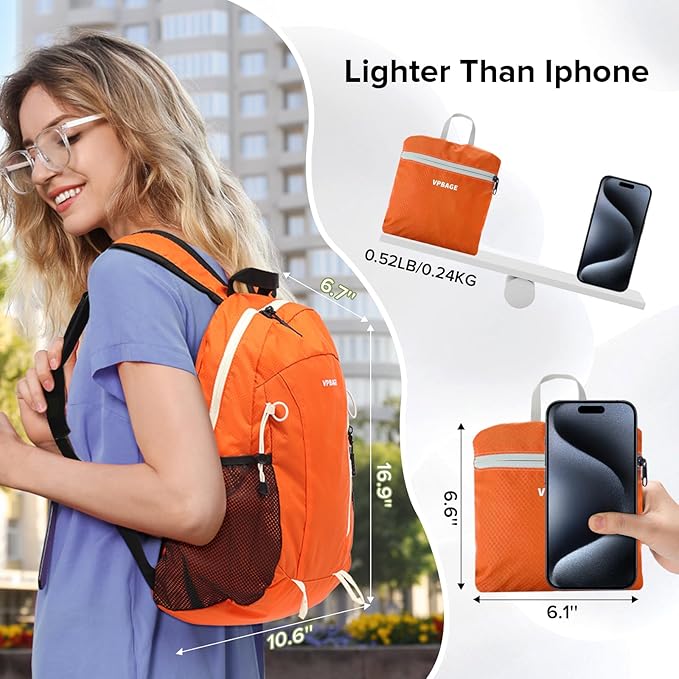 15L Water-resistant Hiking Daypack, Small Backpack Travel Outdoor, Lightweight Day Pack with Tool Loops