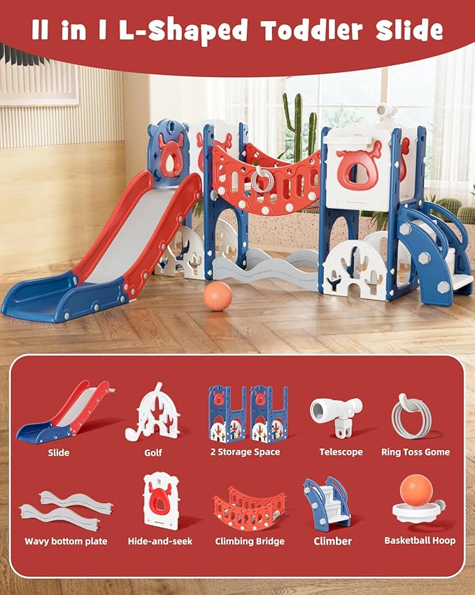 XJD Toddler Slide,11 in 1 Kids Slide for Toddlers 1-3, Toddler Climbing Toys,New Upgrade with Golf Set, Basketball Hoop for Indoor Outdoor Playset (Blue Red)