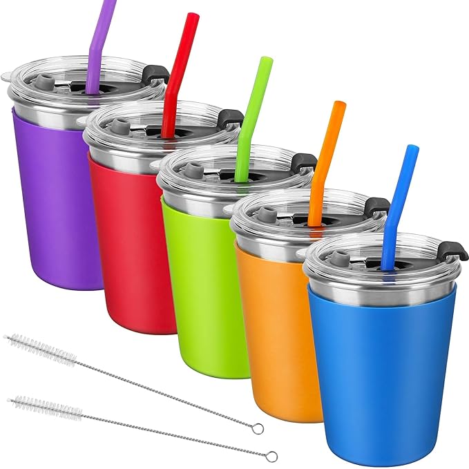 Kids Cups with Lids and Straws, 12oz Kids Tumblers with Straws and Lids Spill Proof Cups for Kid Stainless Steel Sippy Cup for School, Outdoor, 5 Pack