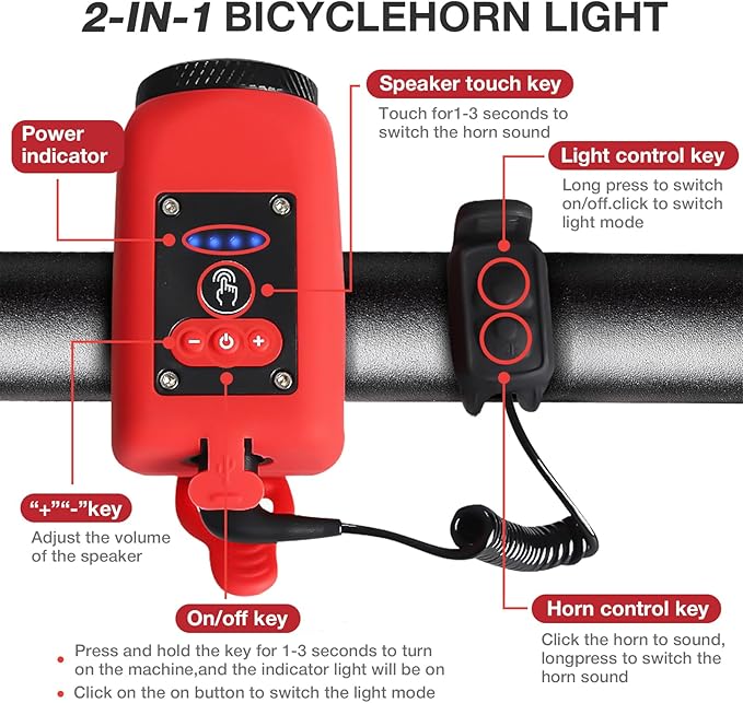 Bike Horn, Bicycle Horn with Large Range Floodlight, IPX5 Waterproof with USB Rechargeable Bike Electronic Horn