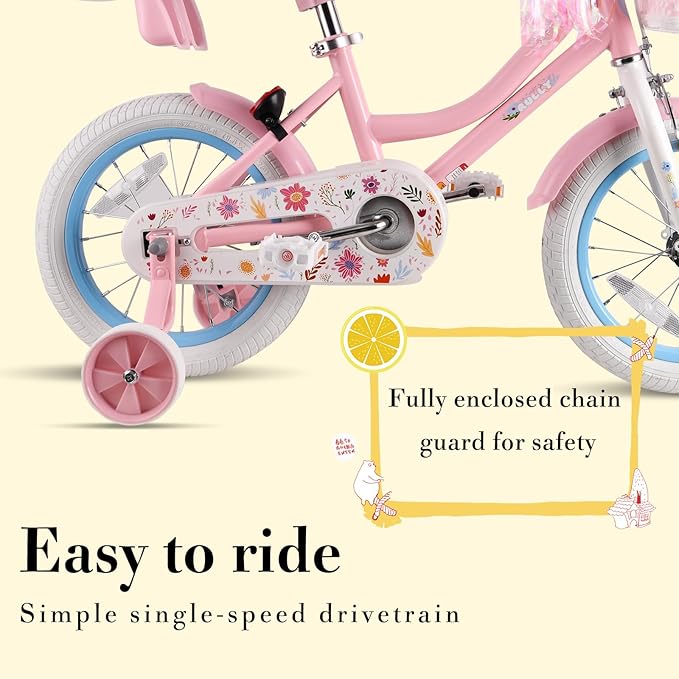 RULLY Daisy Kids Bike for Girls Ages 2-9 Years, 12 14 16 18 Inch Princess Girls Bicycle with Doll Bike Seat, Training Wheels, Basket and Streamers, Kids Cycle Bikes, Multiple Colors