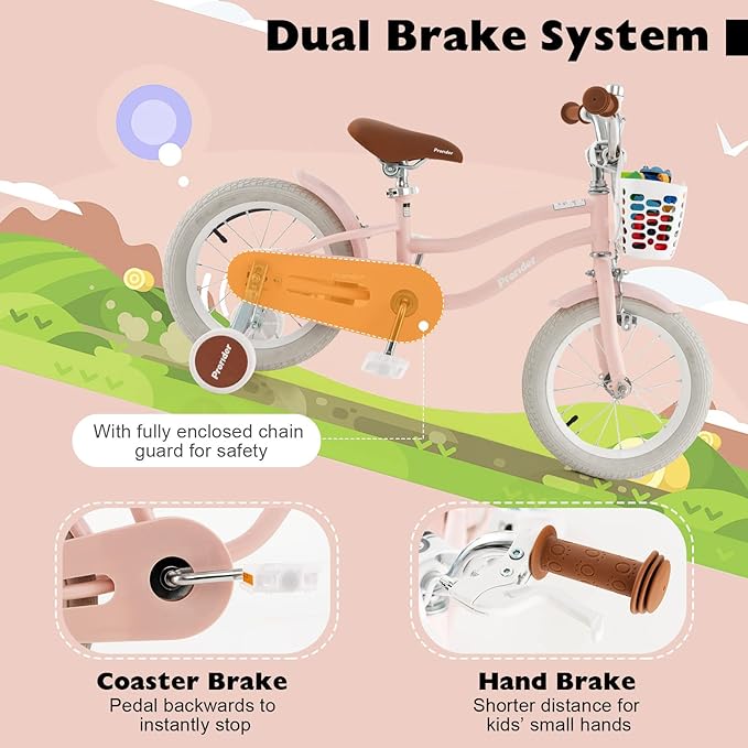 BABY JOY Kids Bike, 12 14 16 18 20 Inch Boys Girls Bike w/Adjustable Seat, Removable Basket, Handbrake & Coaster Brake, Training Wheels or Kickstand, Kids Bicycle with Multi-Color