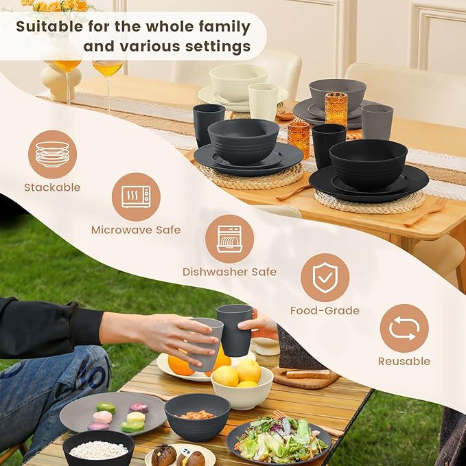 Homienly Wheat Straw Dinnerware Set - Dinner Plates, Cereal Bowls, Drinking Cups Set, Unbreakable 16 PCS Dish Set, Microwave and Dishwasher Safe Dishes for Home, Outdoor - Grey Stone