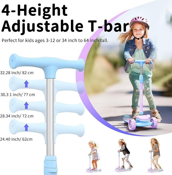 BELEEV A8 Scooter for Kids Ages 3-12, 3 Wheel Folding Scooter for Toddlers Girls Boys, LED Light-Up Wheels, 4 Adjustable Height, Lean to Steer, Extra Wide Wheels, Three Wheel Kick Scooter for Children