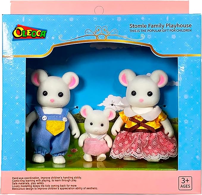 Family White Mouse Figures — Set of 3 Collectible Flocked Mini Dolls with Removable Clothes, Miniature Dollhouse Pretend Play Figures for Kids Ages 3+