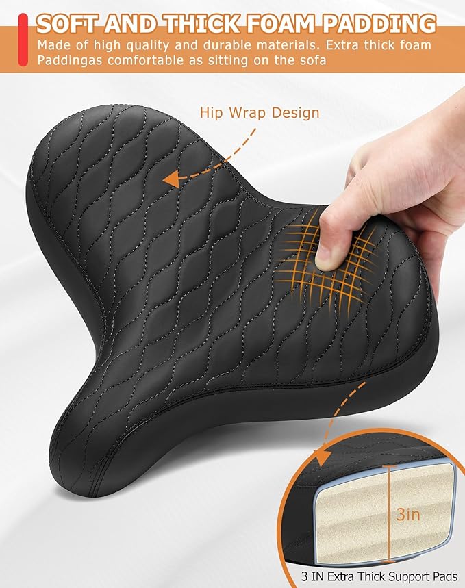 Wide Bicycle Seats for Comfort Men & Women, Oversized & Extra Soft Padded Bike Seat Cushion, Comfortable Large Bike Saddle for Ebike, Mountain Bike, Beach Cruiser, Stationary Exercise Bike