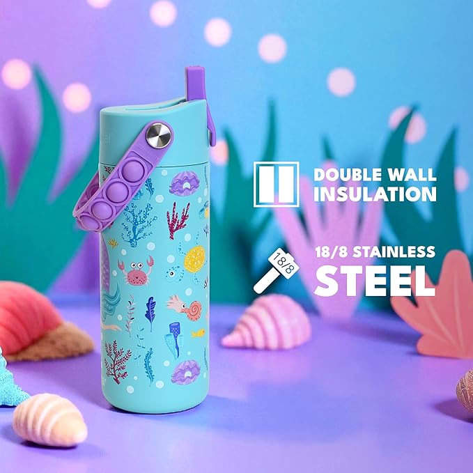 Elemental Insulated Kids Water Bottle, Stainless Steel Water Bottle with Straw Lid & Pop-It Handle, Leak-Proof Water Bottles for School, Boys or Girls, Travelling and Sports, 18oz - Mermaid
