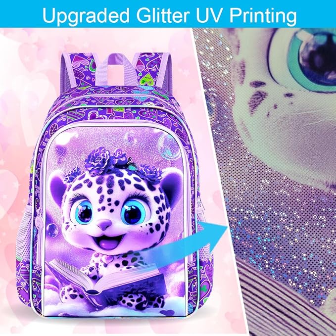 CCJPX 16" Leopard Backpack for Girls, 3Pcs Kids Bookbag with Lunch Box, Water Resistant Elementary School Bag for Kindergarten Preschool Toddler (Purple)