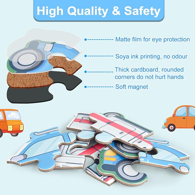 ASTARON 3D Magnetic Puzzle with 60 Puffy Stickers for Toddlers, 51 Pieces 3-in-1 Traffic Puzzles Preschool Education Learning Travel Toys Car Plane Activities for Kids Road Trip Birthday Gifts