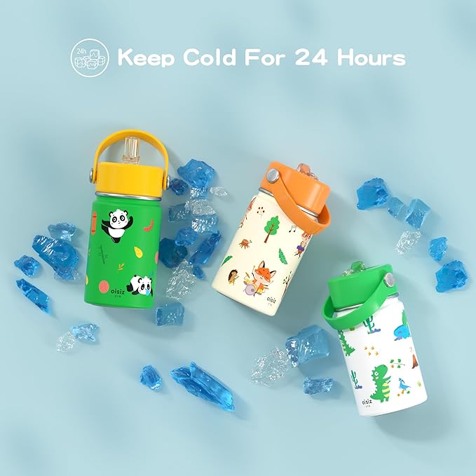 OISIZ Kids Water Bottle with Straw Lid 10oz, Vacuum Insulated 316 Stainless Steel Water Bottles for Kids for School, Leakproof Water Bottle, BPA Free and Keep Cold for 24 Hours