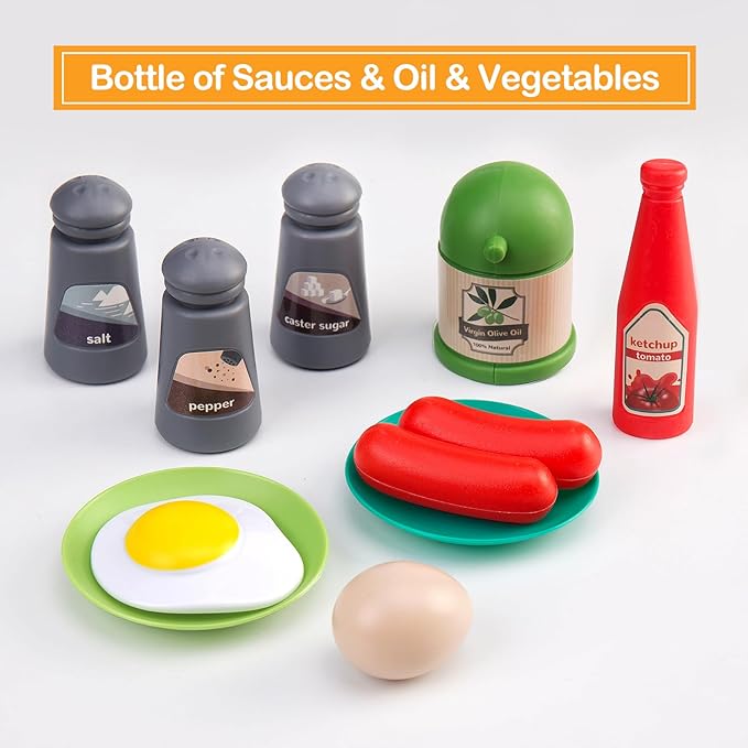 35Pcs Kids Kitchen Toy Accessories, Toddler Pretend Cooking Playset with Play Pots, Pans, Utensils, Cookware, Play Food Set, Toy Vegetables, Learning Gift for Girls & Boys (Turquoise)